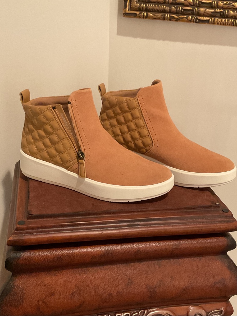 Clarks Quilted Tan Suede Slip-On Ankle Booties